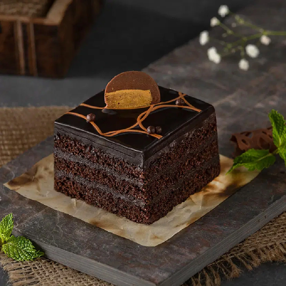 Decadent chocolate cake with garnish