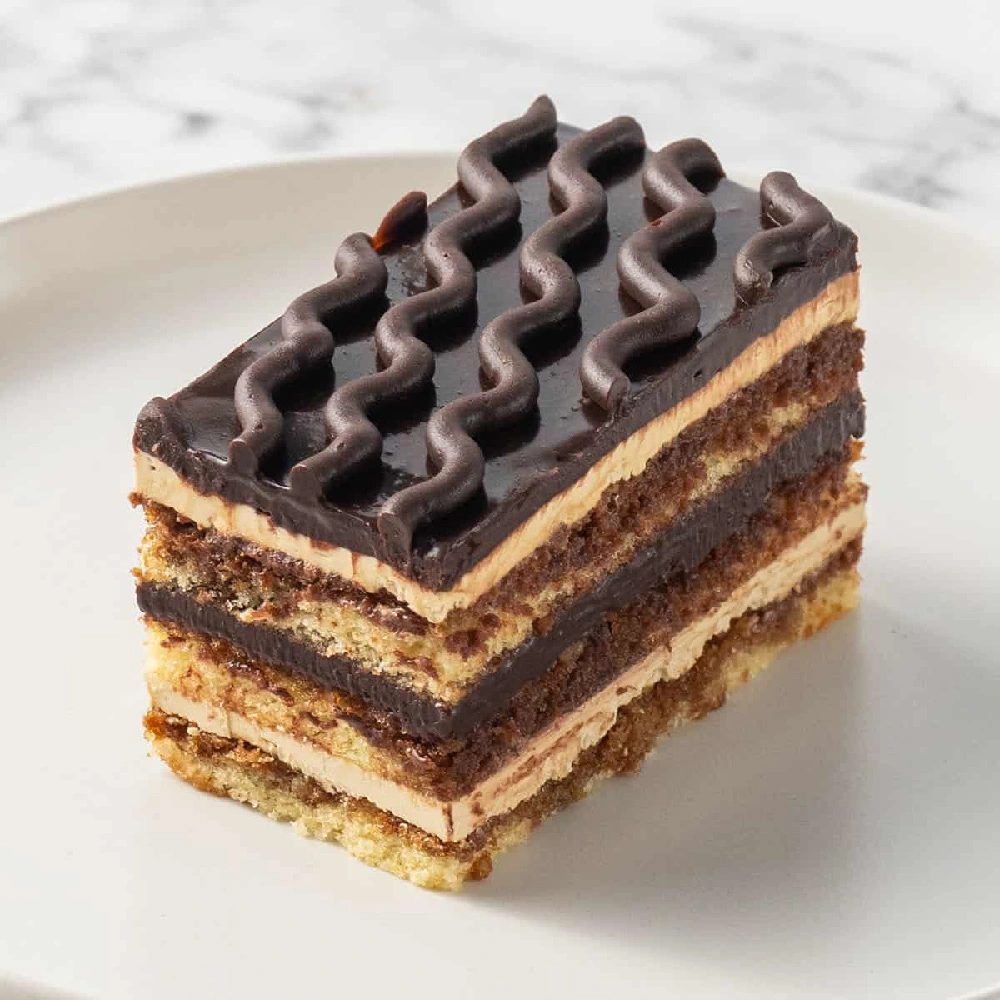 Layered chocolate and coffee dessert slice